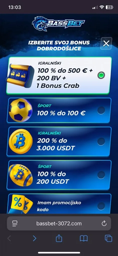 Bassbet – mobilni prikaz domače strani