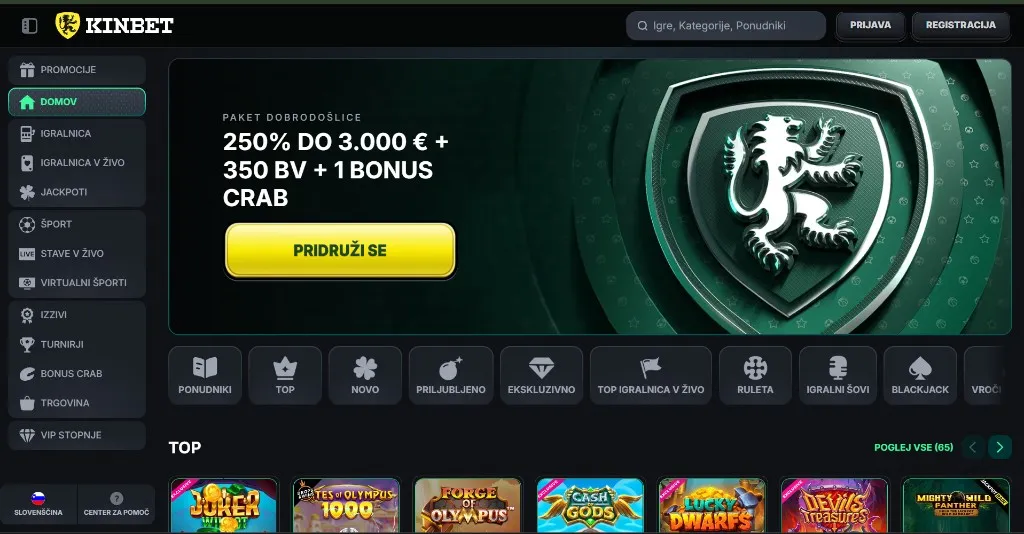 Kinbet – namizni prikaz domače strani v slovenščini
