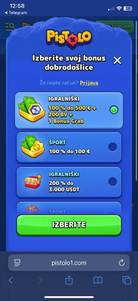Pistolo – mobilni prikaz domače strani