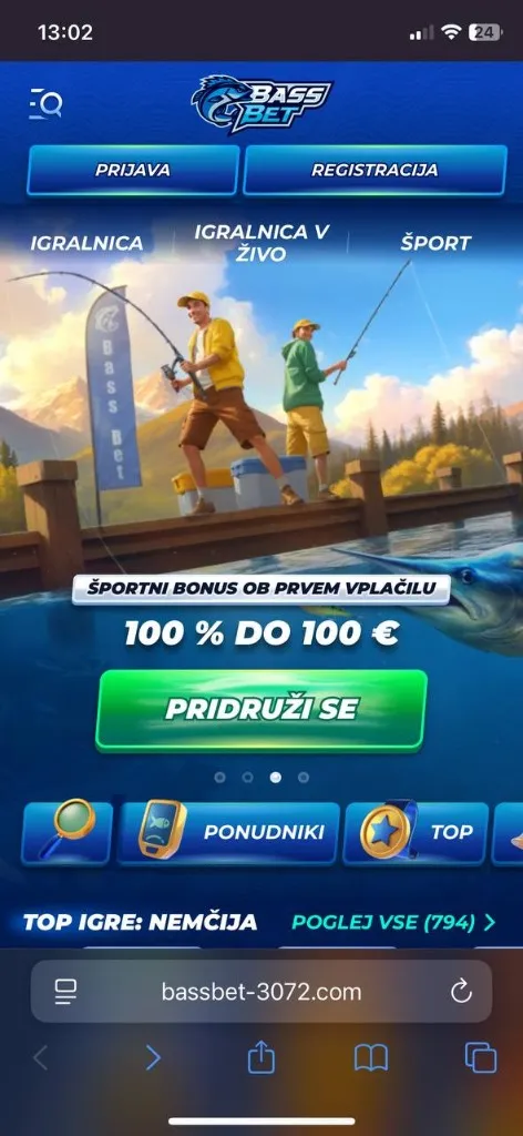 Bassbet – mobilni prikaz igralnice