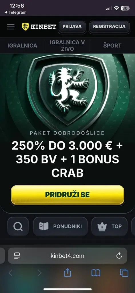 Kinbet – mobilni prikaz domače strani