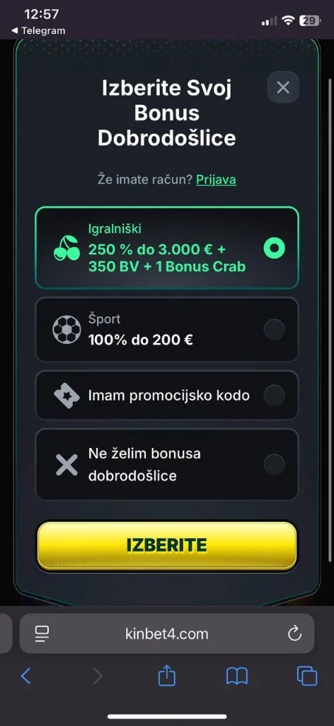 Kinbet – mobilni prikaz igralnega kataloga